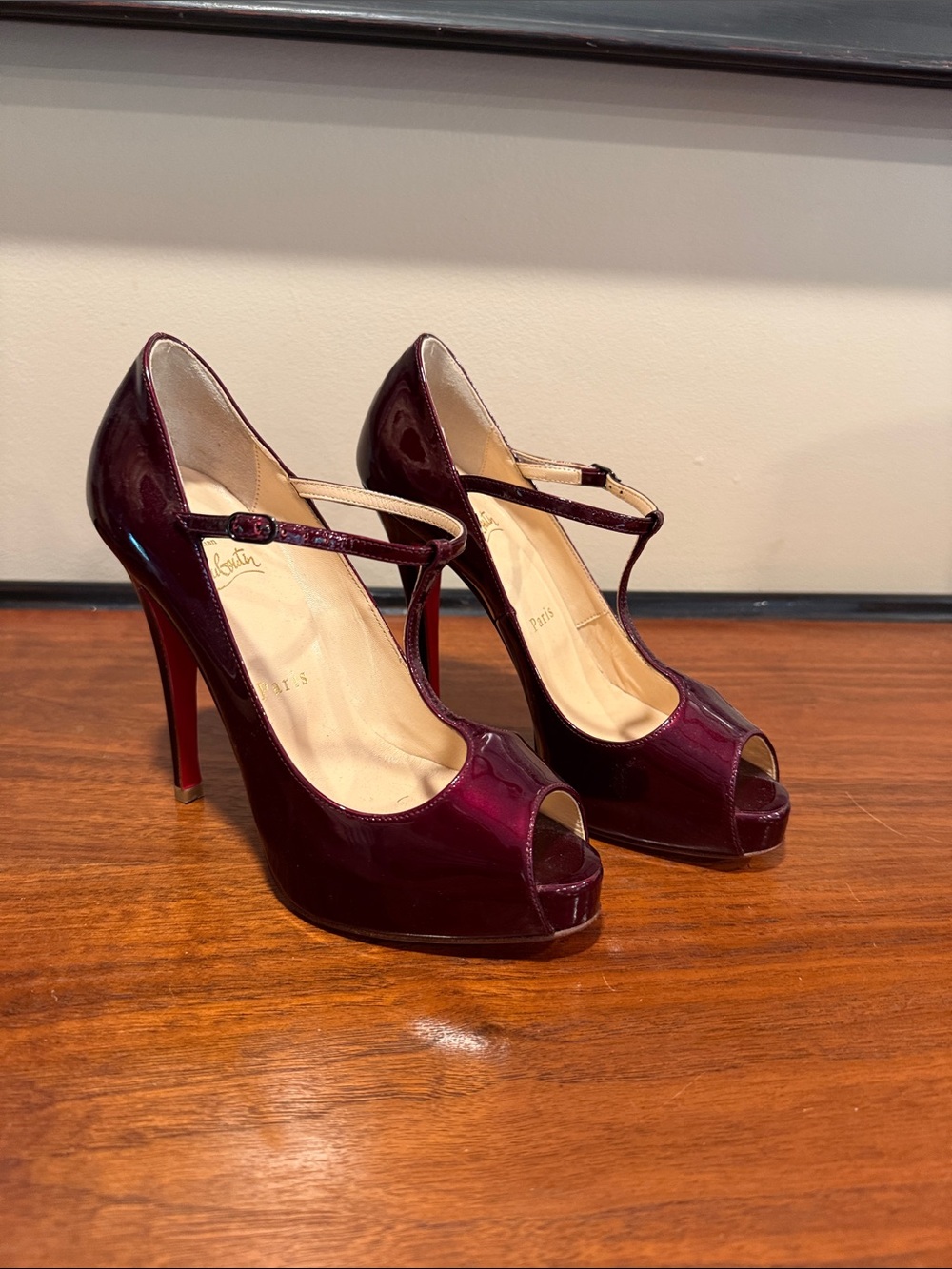 Christian Louboutin Burgundy Patent Leather T-Strap Peep-Toe Pumps